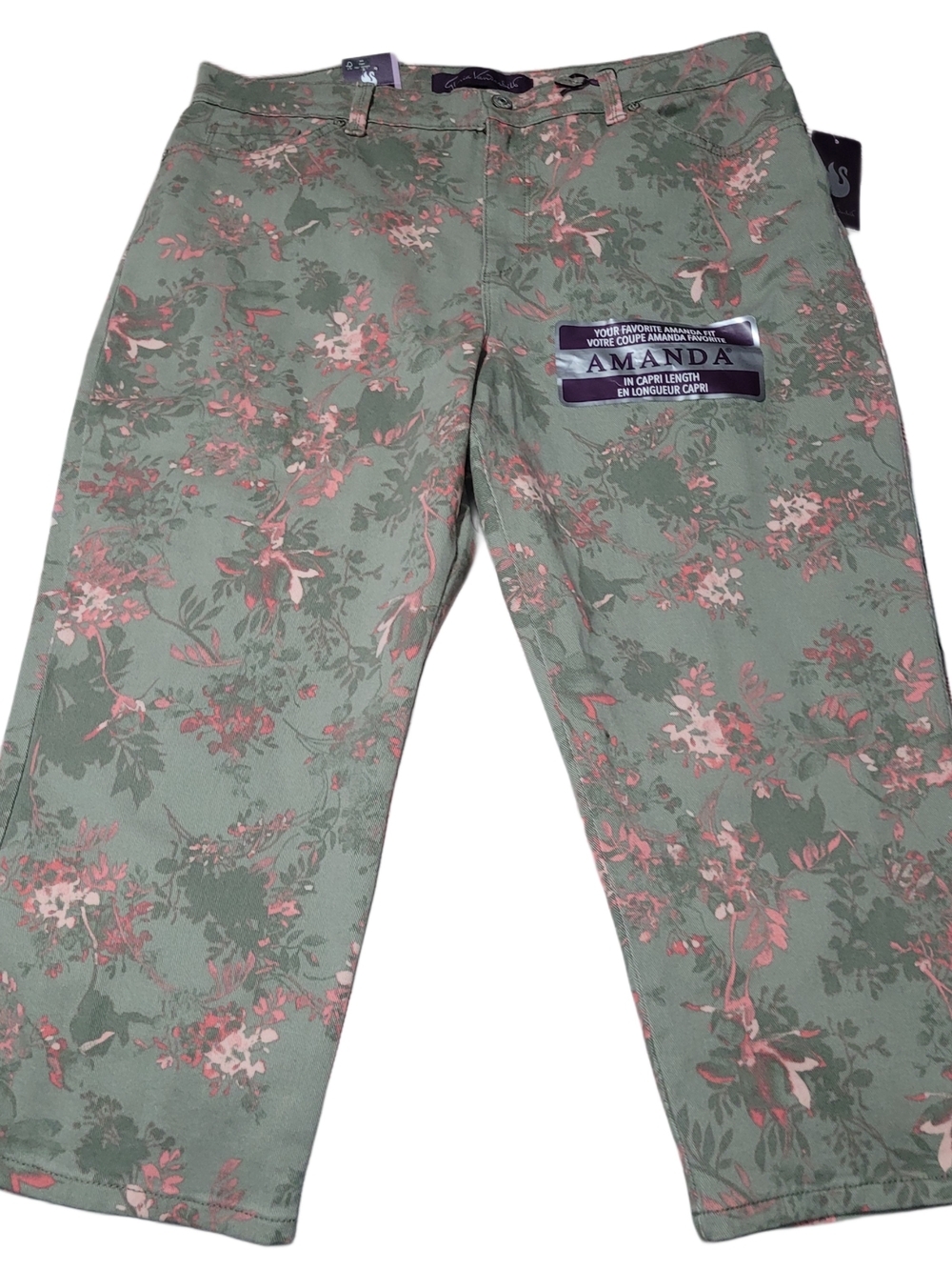 Gloria Vanderbilt Amanda Green & Pink Floral Capri Pants NWT Size 14